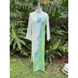 Traditional Vietnamese Ao Dai Red Glittery Dress Vintage Lotus Painted 60s Gown